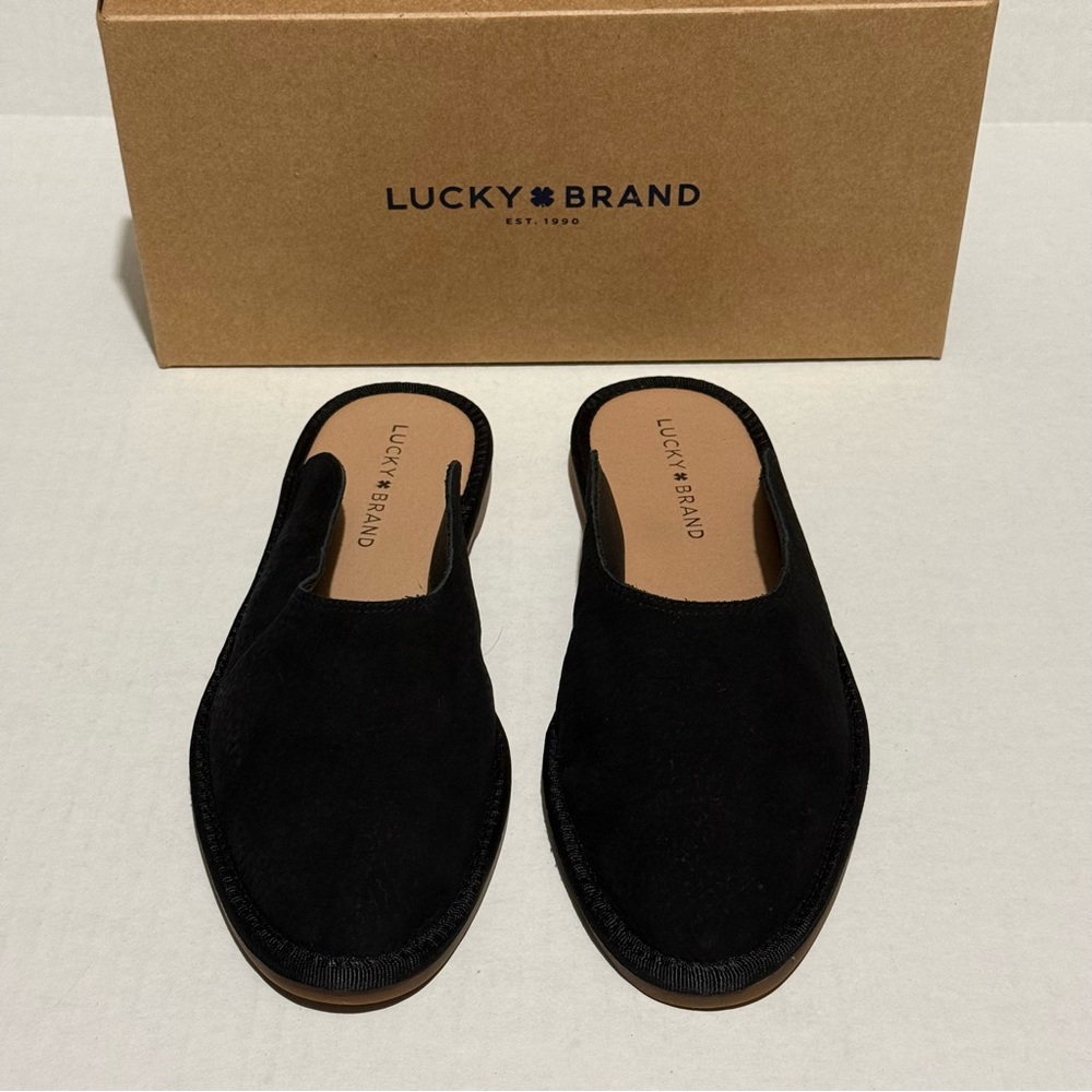 Lucky Brand Black Suede Leather Rounded Pointy Slip-On Mules